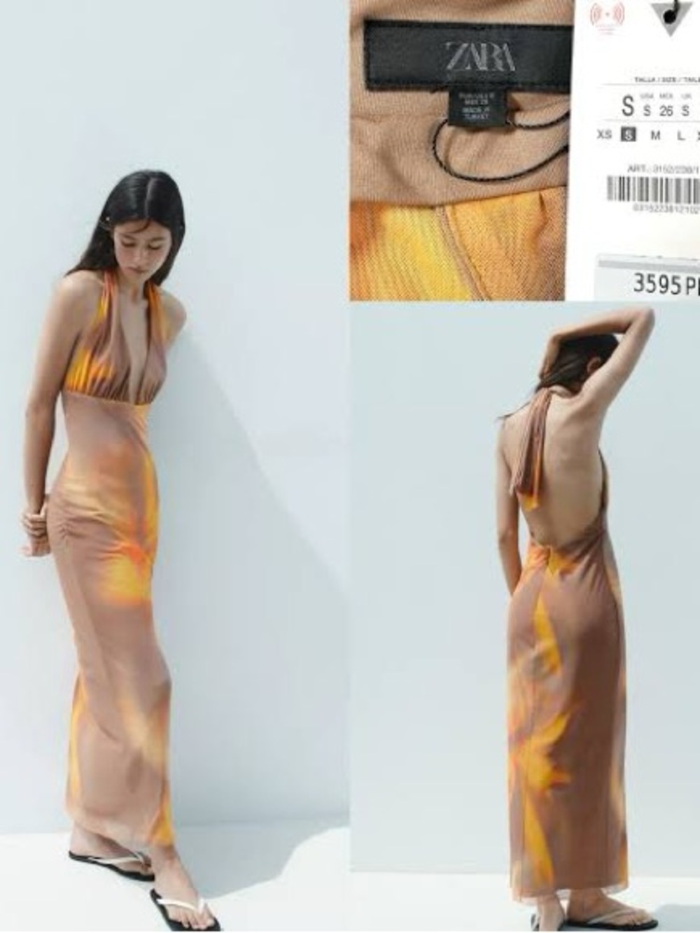 Zara Tan & Yellow Tie-Dye Halter Backless Maxi Dress